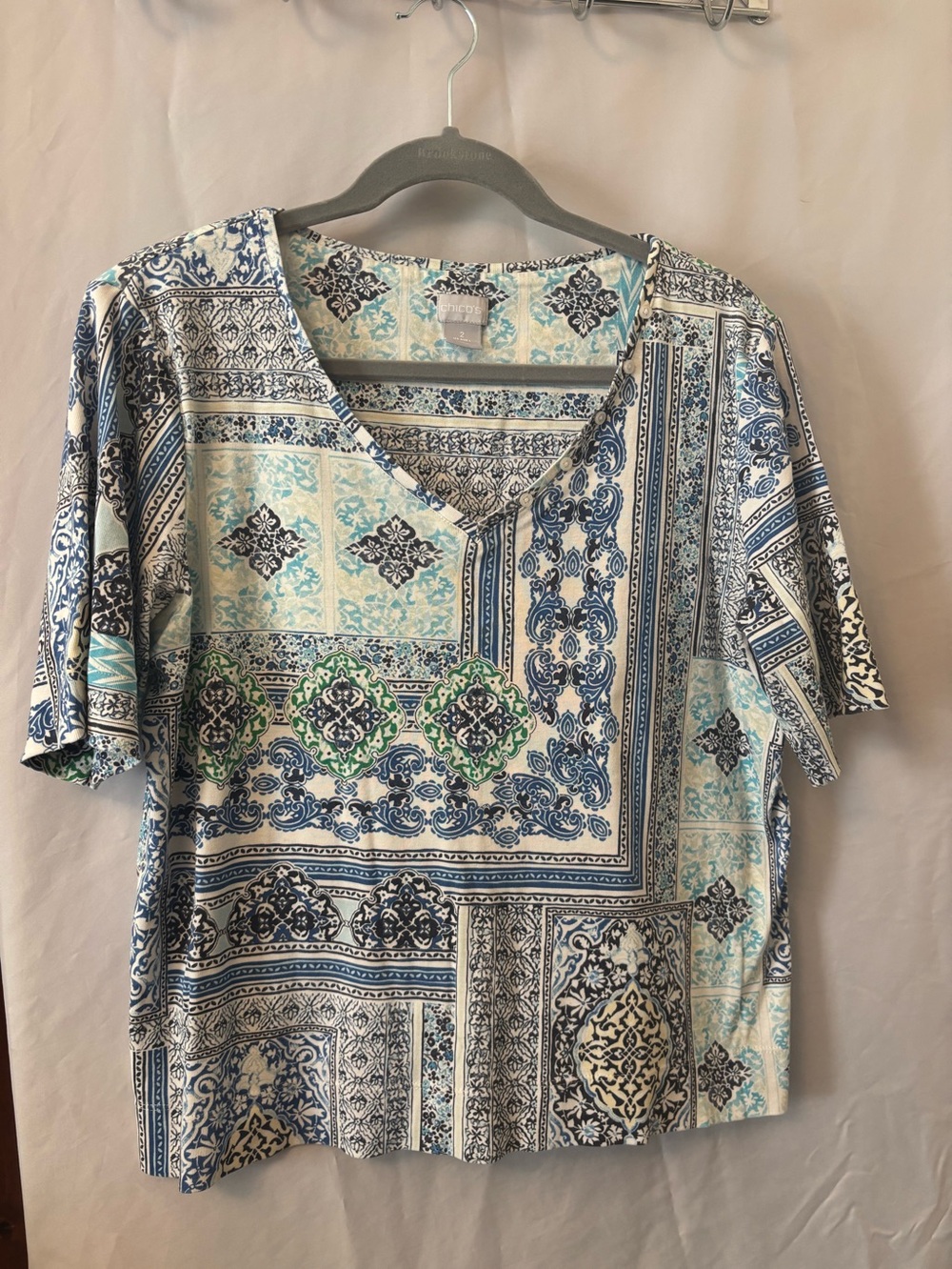 Blue & Aqua V-Neck Patterned Women's Top